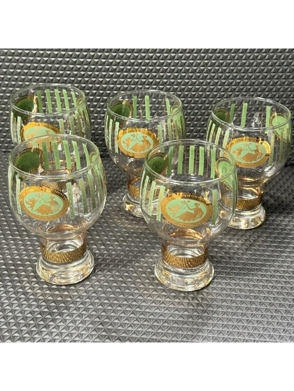 5 MCM Cera Cora Cocktail Water Goblets Barware Gold & Green Federal Glass 10oz